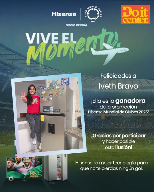 Do it Center Panama (@doitcenter) on Twitter photo 🎉 ¡Gracias a todos por participar en la promo Hisense Mundial de Clubes 2025!
Felicitamos a nuestra ganadora @IvethBravo, quien vivirá una experiencia inolvidable. 🏆
Gracias por confiar en Hisense y Do It Center.
¡Nos vemos en la próxima!
<a href="/repideales/">Repideales</a> <a href="/DoitCenter/">Do it Center Panama</a> <a href="/hisensecac/">@HisenseCAC</a> 🎉 ¡Gracias a todos por participar en la promo Hisense Mundial de Clubes 2025!
Felicitamos a nuestra ganadora @IvethBravo, quien vivirá una experiencia inolvidable. 🏆
Gracias por confiar en Hisense y Do It Center.
¡Nos vemos en la próxima!
<a href="/repideales/">Repideales</a> <a href="/DoitCenter/">Do it Center Panama</a> <a href="/hisensecac/">@HisenseCAC</a>