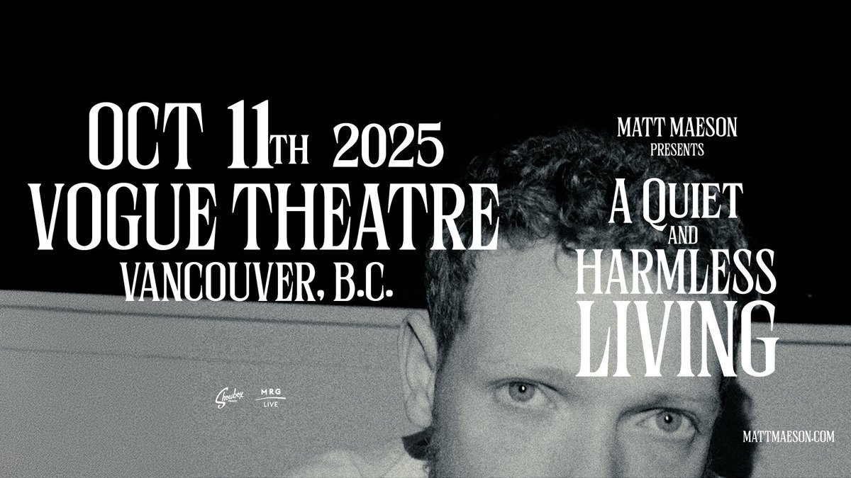 Vogue Theatre (@voguetheatre) on Twitter photo Catch multiplatinum singer-songwriter <a href="/MattMaeson/">Matt Maeson</a> when he comes to Vancouver on October 11th! ๐ถ
๐: bit.ly/3FCCYNE
Presale | 6/11 at 10AM PT
On Sale | 6/13 at 10AM PT Catch multiplatinum singer-songwriter <a href="/MattMaeson/">Matt Maeson</a> when he comes to Vancouver on October 11th! ๐ถ
๐: bit.ly/3FCCYNE
Presale | 6/11 at 10AM PT
On Sale | 6/13 at 10AM PT