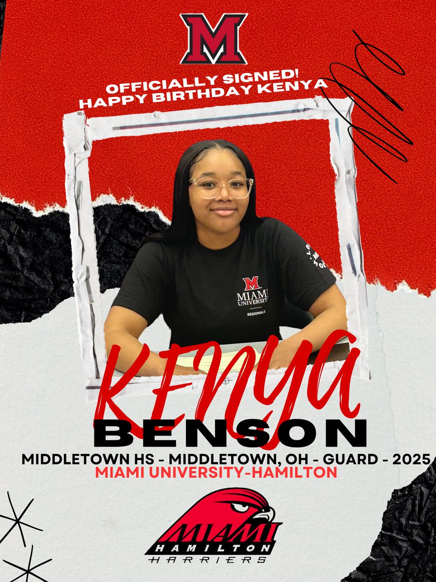 Welcome Kenya Benson from Middletown HS to the HARRIER FAMILY and a VERY HAPPY BIRTHDAY! 🎂 🥳 

#HarrierLanding #HappyBirthday #WBB #SignedSEALEDGameTime
#MiamiUniversityRegionals #goharriers