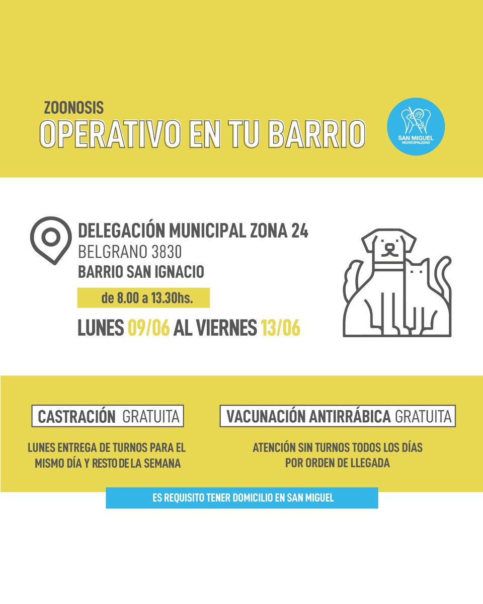 Del lunes 09/06 al viernes 13/06 realizaremos un operativo de Zoonosis en Barrio San Ignacio🐱🐶
Mirá los detalles del operativo en la foto👇