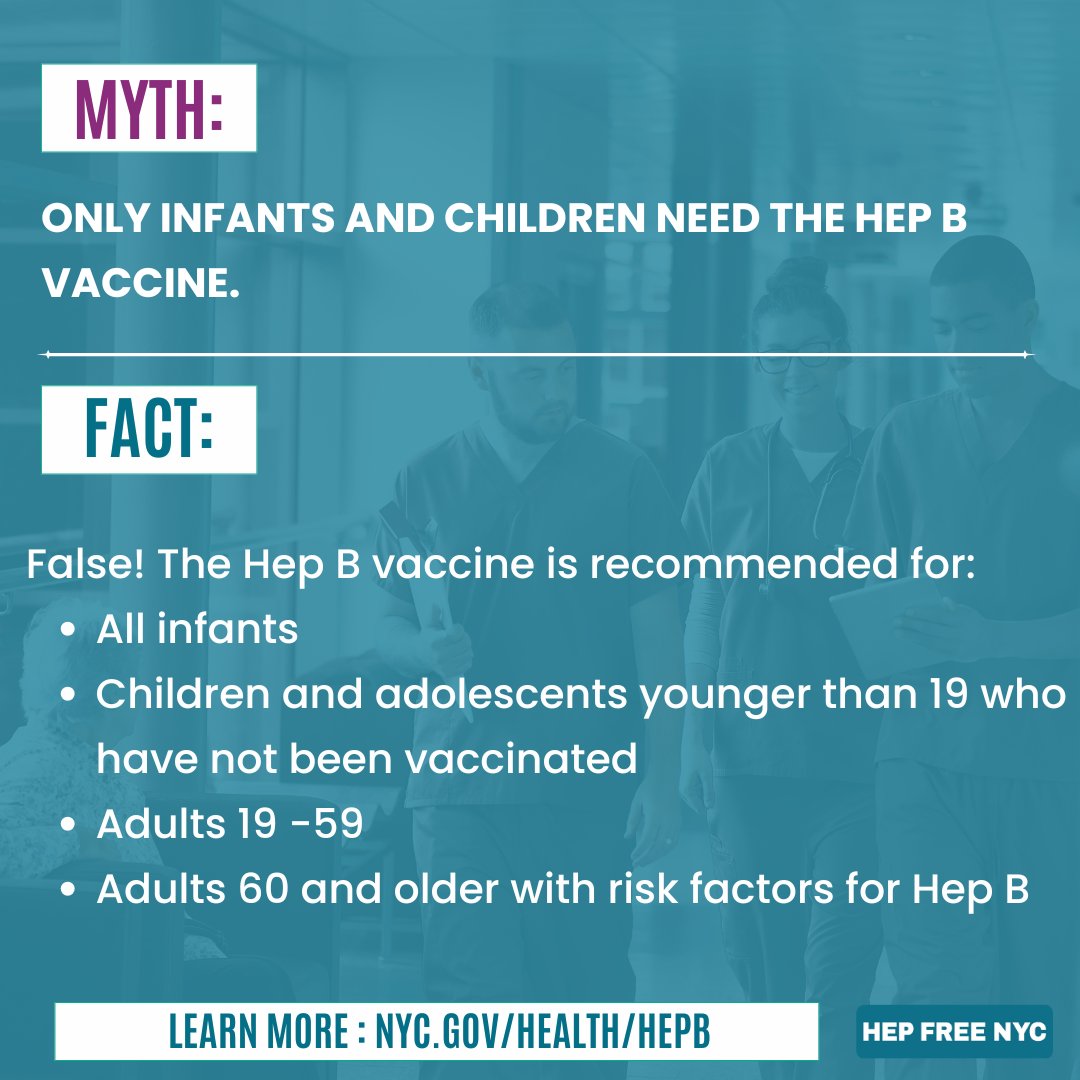 The Hep B vaccine is recommended for all ages from infants to adults 59, and adults 60 and older with risk factors. Hep B can lead to chronic liver disease and liver cancer. Vaccination protects your long-term health. Learn more: nyc.gov/health/HepB.