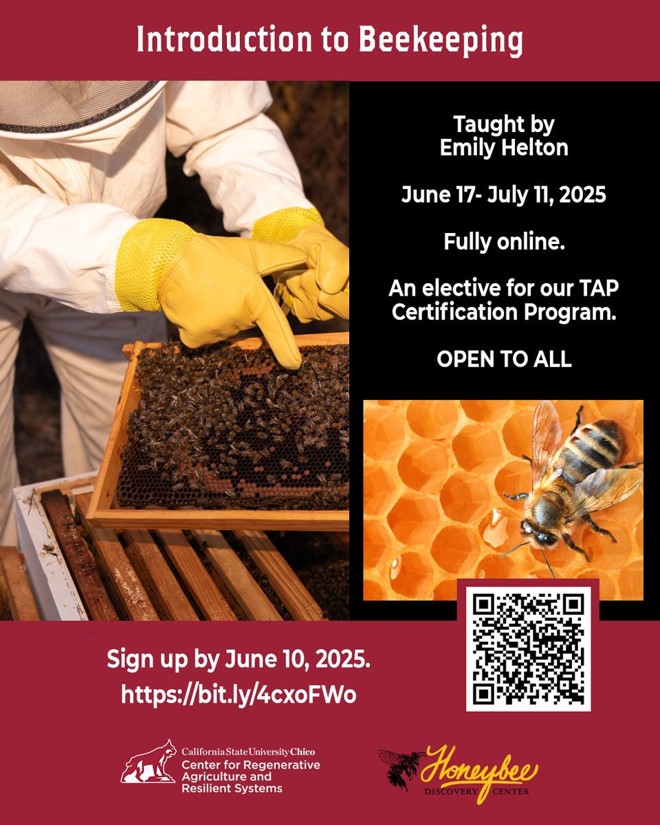Sign up by June 10th for "Introduction to Beekeeping"!
Fully online 4-week class
June 18 - July 11, 2025

bit.ly/4cxoFWo

#CRARS #beekeeping #bees #pollinators #regenerativefarming #regenerativeagriculture #chicostate