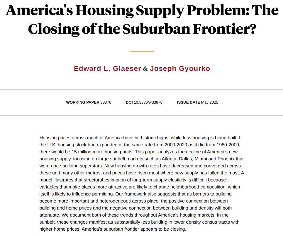 Analyzing the decline of America's new housing supply, focusing on large sunbelt markets that were once building superstars, from Edward L. Glaeser and Joseph Gyourko nber.org/papers/w33876