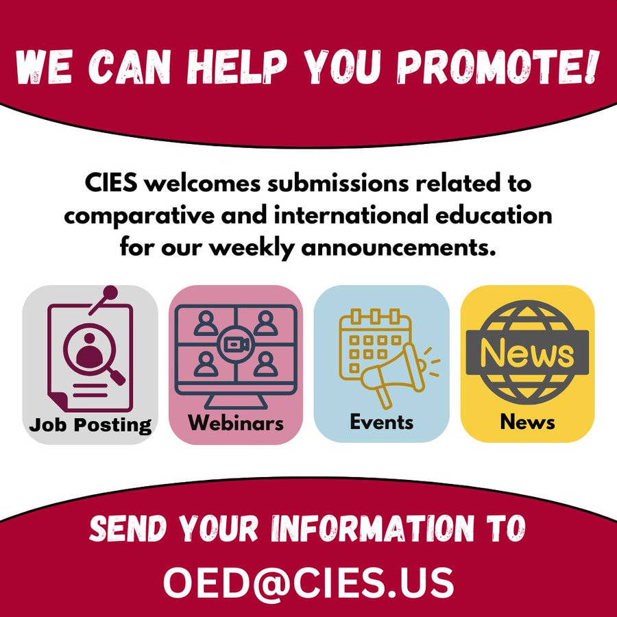 CIES (@cies_us) on Twitter photo #CIES welcomes submissions including job postings, events, webinars, and news related to comparative and international education for inclusion in our weekly announcements. Please send your information to oed@cies.us #comparativeeducation #internationaleducation #CIES welcomes submissions including job postings, events, webinars, and news related to comparative and international education for inclusion in our weekly announcements. Please send your information to oed@cies.us #comparativeeducation #internationaleducation