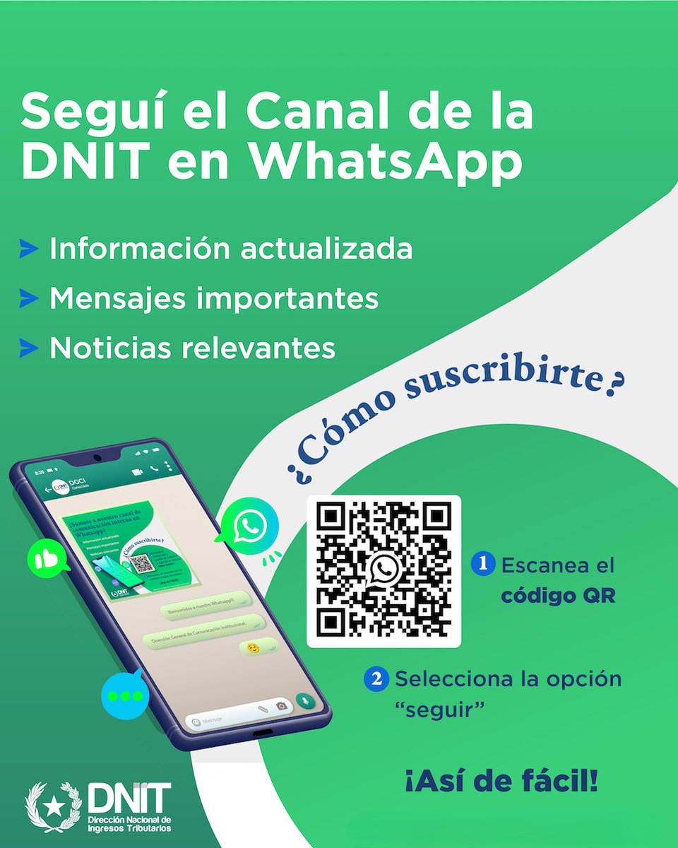 DNITpy's tweet image. 📲 ¡Seguí nuestro Canal DNIT en Whatsapp!

1⃣ Escaneá el Código QR
2⃣ Haz clic en &quot;Seguir&quot;

🔗 O ingresá al siguiente enlace: whatsapp.com/channel/0029Vb…

📢¡Así de fácil!, ya podrás acceder a información actualizada y noticias relevantes.