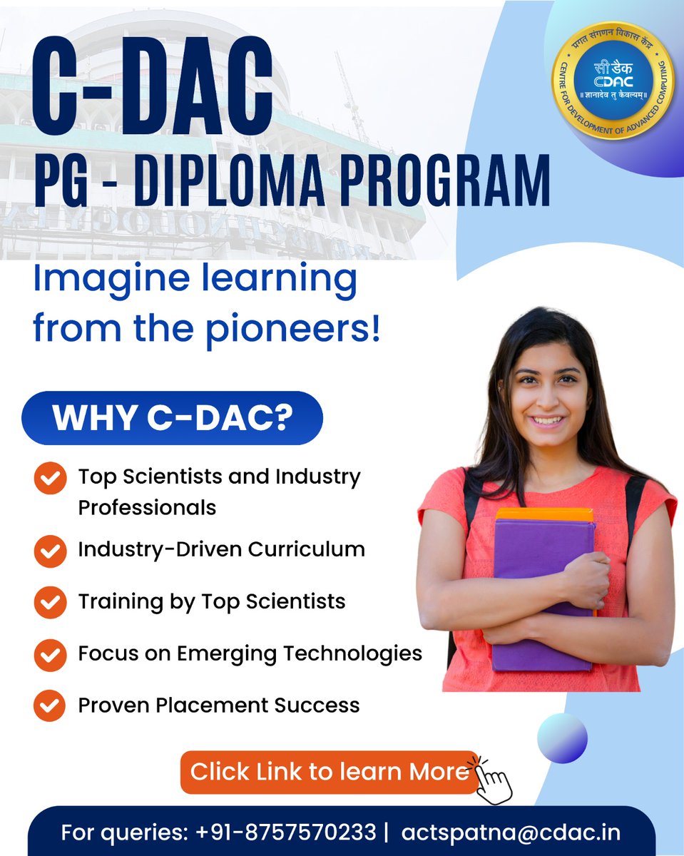 CDAC_Patna's tweet photo. Learn from pioneers, get trained on future tech!
Join C-DAC Patna’s PG Diploma Programs in Advanced Computing &amp; Fintech.
Industry-driven curriculum
Common campus placements
Apply now: https://t.co/eywnVfEPK0
#CDACPatna #TechCareers #CAT2025 #FutureReadyCareers #AdvancedComputing https://t.co/8vXcwFSFo6