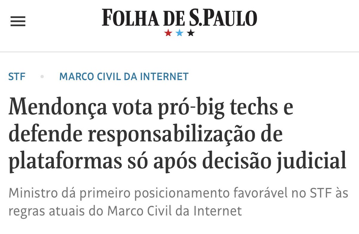🚨O voto de Mendonça não é pró-Big Techs. É pró-Constituição. 

Nada na CF diz em favor dos demais votos, o texto constitucional prevê responsabilização de quem fala e após decisão judicial. 

Exatamente o mecanismo do Marco Civil e do voto de Mendonça