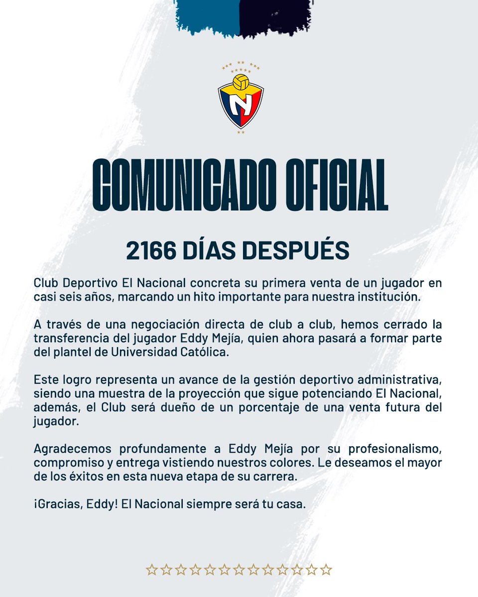 ¿Que opinión tienes del comunicado del Club Deportivo El Nacional refiriéndose a la venta de Eddy Mejía a la Universidad Católica?

Te leemos. ✍️👇

#ElNacional2025