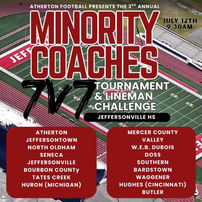 🚨🚨🚨🚨🚨
Mark Your Calendars: July 12th

3rd Annual Minority Coaches 7v7 Tournament &amp; Lineman Challenge.