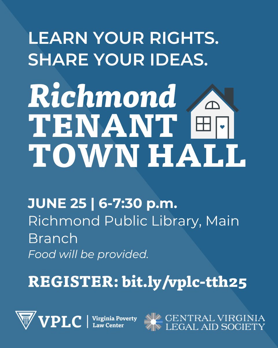 Richmond renters: we need to hear from you! Join us for a Tenant Town Hall on June 25 to share your experiences and ideas for how we can fight to improve housing laws.

Learn more and register: vplc.org/tenant-town-ha…