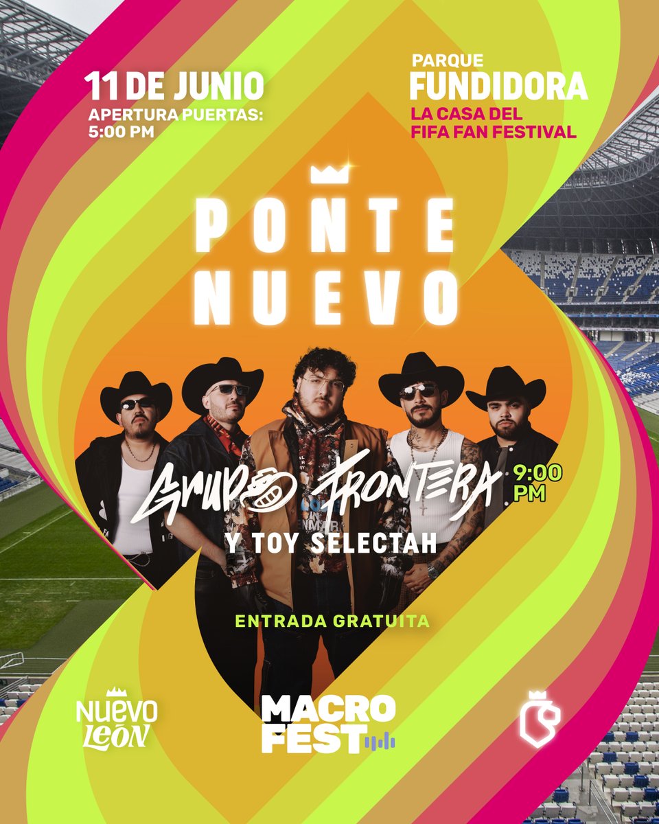 Este 11 de junio no hay fuera de lugar: nos vemos en Fundidora, la casa del FIFA Fan Festival, para vivir el MacroFest como se debe.

Prepárate para una noche llena de música y diversión al ritmo de Grupo Frontera. 🎶🤠⚽️

Habrá METRO GRATIS de 3PM a 12AM. 🚇🎉

¡Ahí nos vemos!