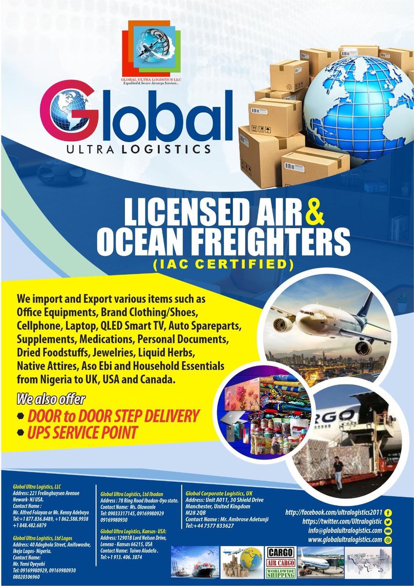 Ultralogistic's tweet photo. Eid Mubarak (عيد مبارك) to all our esteemed clients, brothers and sisters. We wish you and your families a blessed and prosperous Eid, filled with joy and happiness. We appreciate your support and look forward to continued success together. 

Our next shipment from Lagos to USA/Canada is now re-scheduled for Tuesday, June 10, 2025. #TeamGlobal🌍 #eidmubarak2025

For more details please contact any of our offices. 

Global Ultra Logistics, LLC
Address: 221 Frelinghuysen Avenue 
Newark- NJ USA. 
Contact name : 
Mr. Alfred Folayan 
or 
Mr. Kenny Adebayo 
Tel: 877. 836.8489
Tel: 862.588.9938
Tel: 848. 482. 6879

Global Ultra Logistics, Limited.
Address: 40 Adegbola Street, Anifowoshe, Ikeja Lagos- Nigeria.  Contact name: 
Mr. Yemi Oyeyebi 
Tel: 09169980929
Tel: 09169980930
Tel: 08020306960 

Global Ultra Logistics, Ltd-Ibadan. 
Address: 78, Ring Road Ibadan-Oyo state. 
Contact name: 
Ms. Olawanle 
Tel: 09169980929
Tel: 09169980930

Global Ultra Logistics, Kansas-USA. 
Address: 12901B Lord Nelson Drive, Lenexa - Kansas 66215, USA 
Contact Name: 
Taiwo Aladefa . 
Tel: (913) 406-3874 

Global Corporate Logistics, UK. 
Address: Unit A011, 30 Shield Drive
Manchester, United Kingdom
M28 2QB
Contact name : 
Mr. Ambrose Adetunji 
Tel: +44 7577 833627