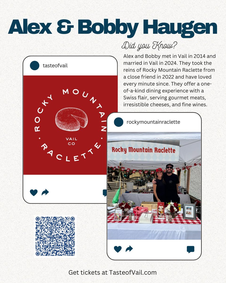 MuellerAngela's tweet photo. One of the standout bites at #TasteOfVail 2024 came from Rocky Mountain Raclette! Alex &amp; Bobby Haugen brought the magic of Swiss Raclette to life with their fully catered, interactive dining experience. Thanks for joining us, we hope to see you next year! 🧀🥂 https://t.co/exCRlb6rqW