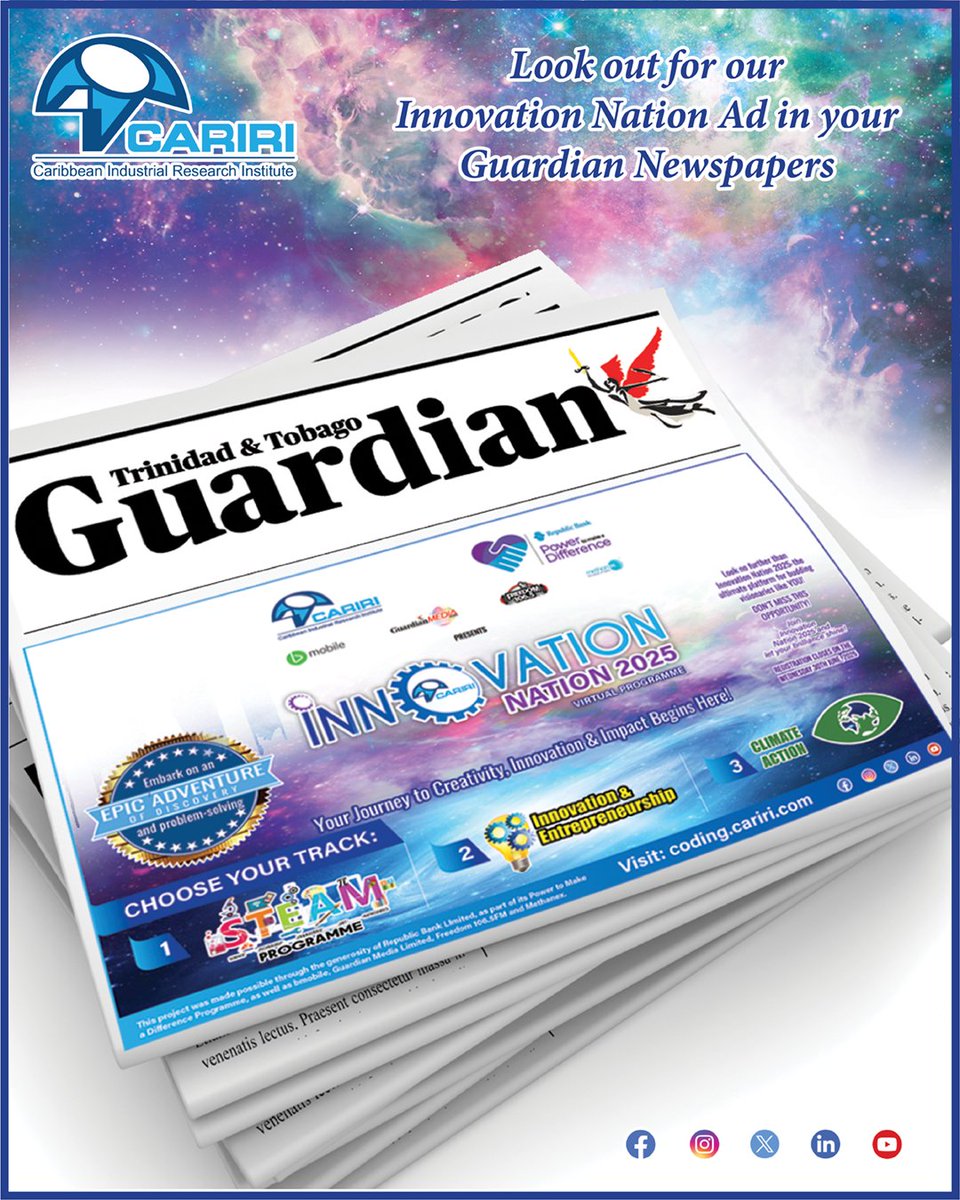 Look out for our #InnovationNation2025 ad in today’s T&amp;T Guardian Newspaper!🗞

Check it out and discover how you can be part of the virtual, FREE programme that’s empowering youth through tech, innovation, and entrepreneurship! 💡💻

👀 Spot it? Take a pic and tag us!