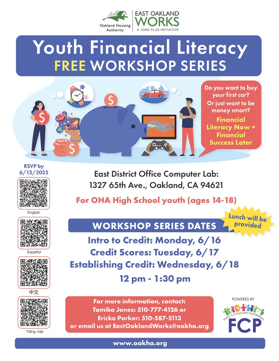 Don’t miss this free 3-day financial literacy series for OHA youth! The series will cover credit, scores &amp; more.

📅 June 16–18
📍 1327 65th Ave., Oakland
🕛 12–1:30 PM | Lunch provided

RSVP by this Friday, 6/13!