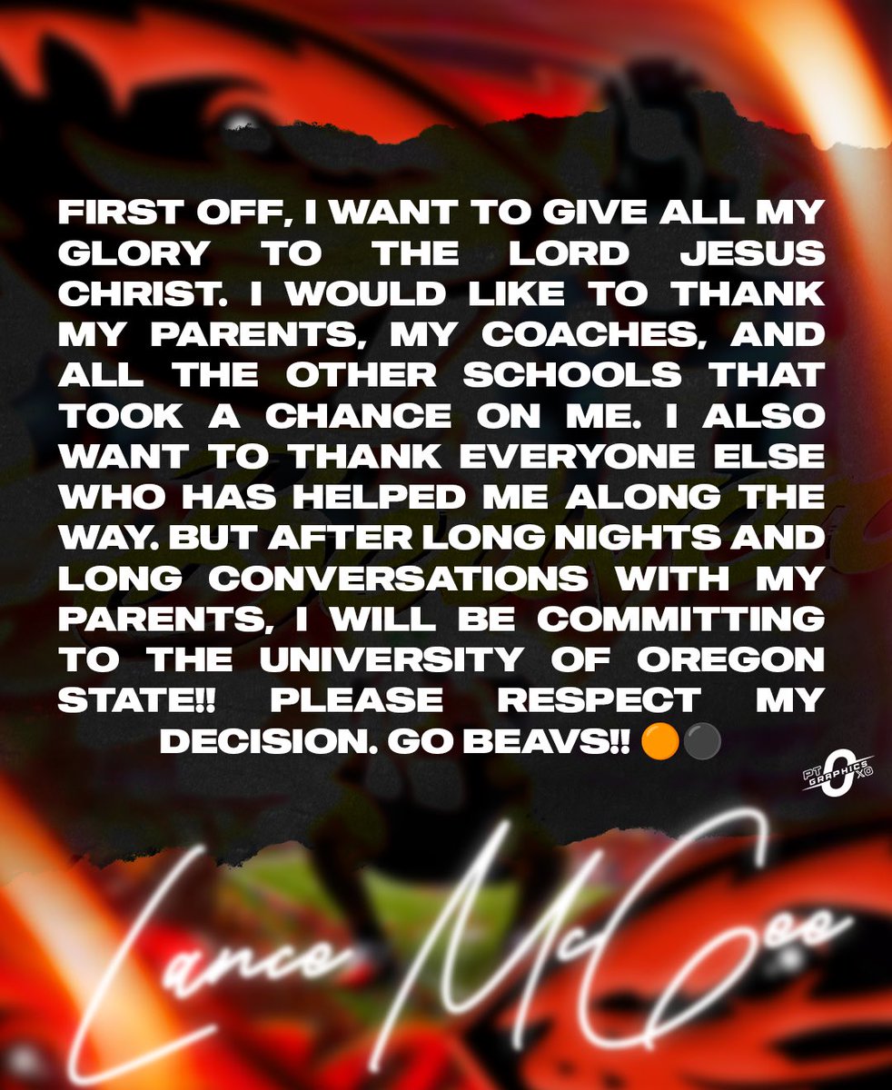 Parker Titus (@ptgraphics0) on Twitter photo BREAKING: 3⭐️ ATH Lance McGee (<a href="/LanceMcGee32/">Lance McGee(3⭐️)</a>) has Committed to Oregon State!
The 6’1 215 ATH from Yakima, WA chose the Beavers over Washington State, Boise State, and others.
McGee is rated as the 7th best player in the state of Washington.
“I’m home 🦫” BREAKING: 3⭐️ ATH Lance McGee (<a href="/LanceMcGee32/">Lance McGee(3⭐️)</a>) has Committed to Oregon State!
The 6’1 215 ATH from Yakima, WA chose the Beavers over Washington State, Boise State, and others.
McGee is rated as the 7th best player in the state of Washington.
“I’m home 🦫”
