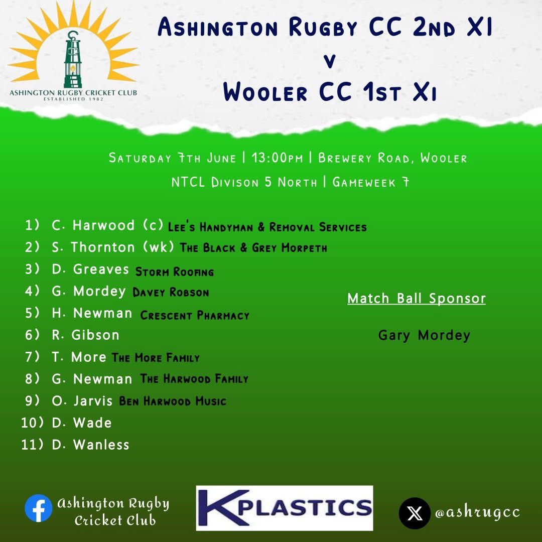 Team news for tomorrows fixtures

1st XI: <a href="/SeatonBurnCC/">Seaton Burn CC</a> (H)

2nd XI: <a href="/WoolerCC/">Wooler CC</a> (A)

A big thank you to Dave Tanney, David Dent &amp; Gary Mordey for this weeks sponsorships #ARCC