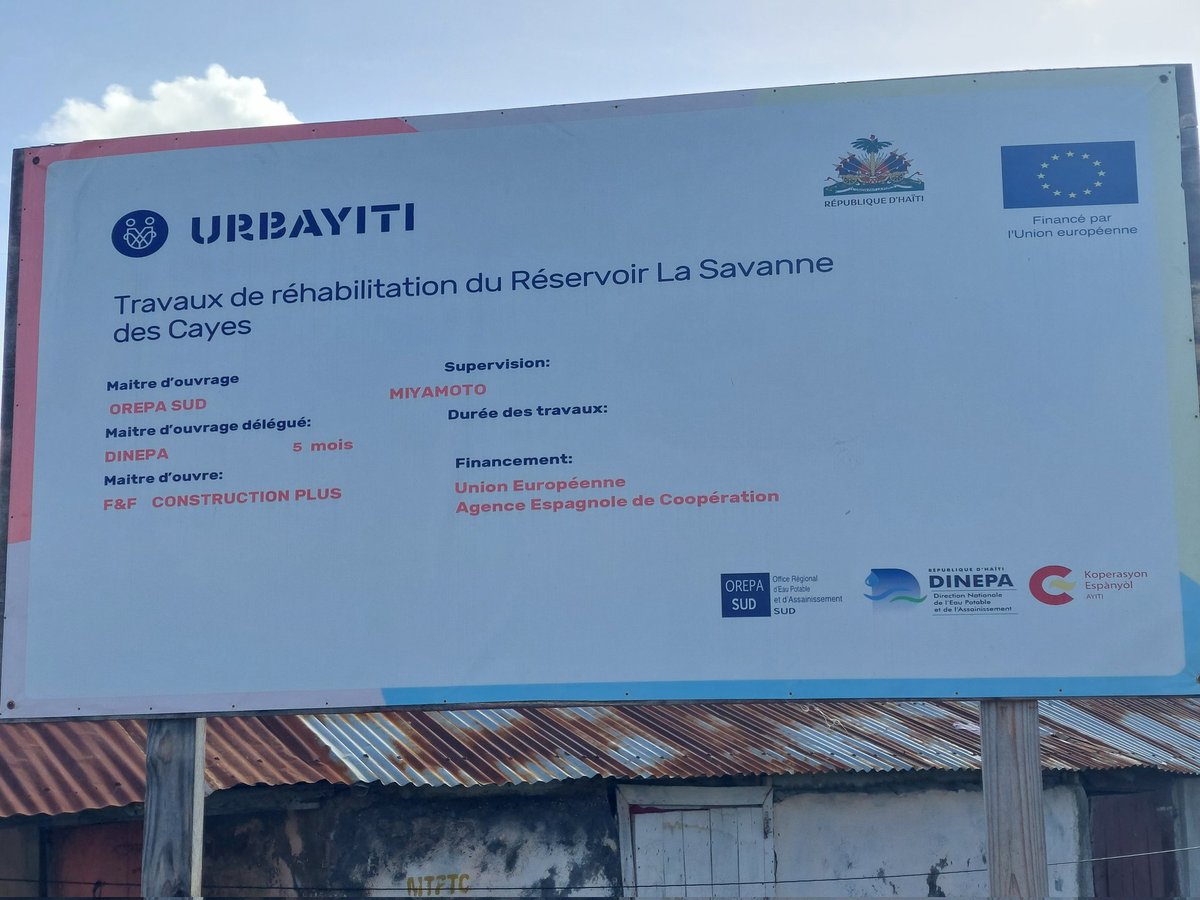 Dans le cadre du Programme #Urbayiti, l'Espagne financera la reconstruction du réservoir de La Savanne, qui aura une capacité de 700 m³ et approvisionnera 🚰 l'ensemble du centre ville des Cayes.

L'Ambassadeur Marco Peñín a déclaré que les travaux débuteront cette année.
🇪🇦🤝🇭🇹