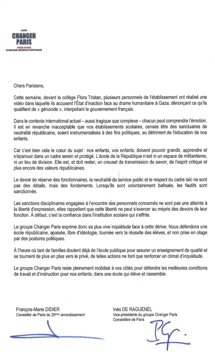 Certains enseignants du Collège Flora Tristan à #Paris20 sont clairement sortis de leur devoir de réserve en prenant position sur le conflit à Gaza dans une vidéo.

C’est inadmissible.

Nos écoles ne sont pas des lieux de militantisme.

<a href="/InesDeRaguenel/">Inès de Raguenel (Carayon)</a> <a href="/GpeChangerParis/">Changer Paris</a> 
⤵️