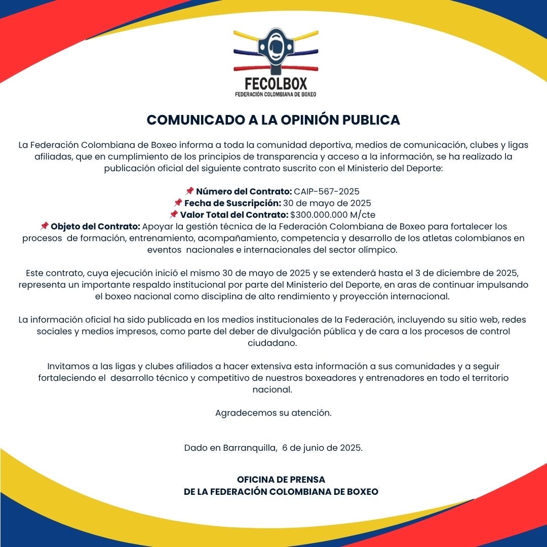 ⁦<a href="/MinDeporteCol/">Ministerio del Deporte</a>⁩ comunicado a la opinión pública.