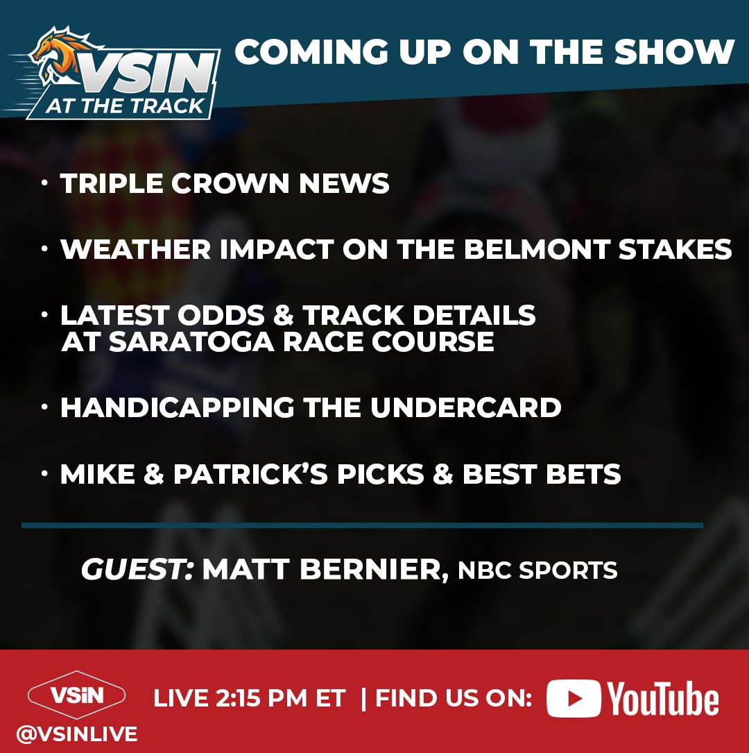 VSiN (@vsinlive) on Twitter photo Belmont Stakes Preview on VSiN At The Track!
Live at 2:15pm ET with <a href="/Somobomb18/">Mike Somich</a> & <a href="/TheWrapRadio/">The Wrap</a> + special guest <a href="/bernier_matt/">Matt Bernier</a>
Ask questions for advice to make smart plays!
On YouTube 👉youtube.com/watch?v=nbAoDH… Belmont Stakes Preview on VSiN At The Track!
Live at 2:15pm ET with <a href="/Somobomb18/">Mike Somich</a> & <a href="/TheWrapRadio/">The Wrap</a> + special guest <a href="/bernier_matt/">Matt Bernier</a>
Ask questions for advice to make smart plays!
On YouTube 👉youtube.com/watch?v=nbAoDH…