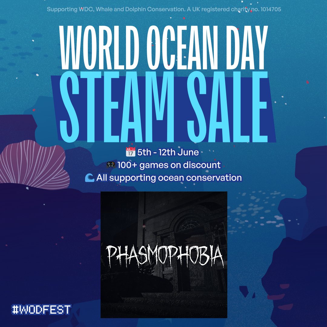 Phasmophobia (@playphasmo) on Twitter photo Save 25% on #Phasmophobia until June 12th as part of the World Ocean Day Steam Sale!
Each sale goes towards supporting <a href="/whalesorg/">Whale and Dolphin Conservation (WDC)</a>.
Buy here: bit.ly/WODSale25 <a href="/GamesForWaves/">Games For Waves</a> Save 25% on #Phasmophobia until June 12th as part of the World Ocean Day Steam Sale!
Each sale goes towards supporting <a href="/whalesorg/">Whale and Dolphin Conservation (WDC)</a>.
Buy here: bit.ly/WODSale25 <a href="/GamesForWaves/">Games For Waves</a>
