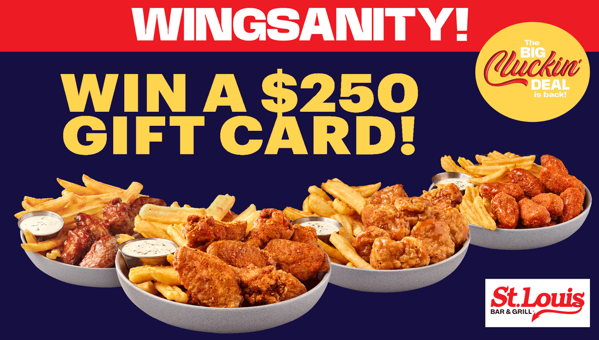92.1 CITI (@921citi) on Twitter photo It’s time for the return of the Big Cluckin’ Deal! Wingsanity is back at <a href="/stlouiswings/">St. Louis Bar & Grill</a>.
Go #WINGSANE and enter here for your chance to win a $250 gift card 🍗 shorturl.at/Y8qfq It’s time for the return of the Big Cluckin’ Deal! Wingsanity is back at <a href="/stlouiswings/">St. Louis Bar & Grill</a>.
Go #WINGSANE and enter here for your chance to win a $250 gift card 🍗 shorturl.at/Y8qfq