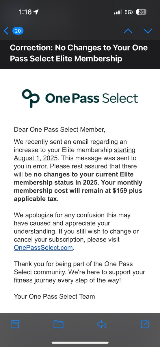 @DrBritWilliams on 🦋sky (@drbritwilliams) on Twitter photo Lmao, I just said this morning I was about to cancel. They must have gotten a barrage of cancellations to walk this back like this. The price jump was unconscionable! 
The first email was 5/28. And the second a moment ago. 
#OnePassSelect #GymTwitter Lmao, I just said this morning I was about to cancel. They must have gotten a barrage of cancellations to walk this back like this. The price jump was unconscionable! 
The first email was 5/28. And the second a moment ago. 
#OnePassSelect #GymTwitter