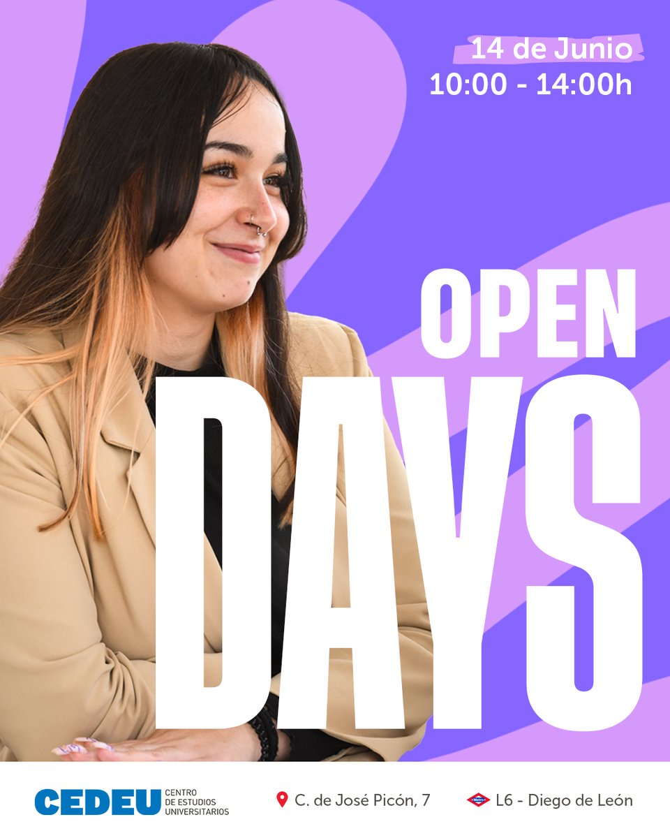 CEDEUoficial's tweet photo. ¿Todavía dudando sobre tu futuro académico? 🤔
El sábado 14 de junio tenemos la solución: ¡Ven a nuestros Open Days!

📍 Campus CEDEU - c/ José Picón, 7
📅 Fecha: Sábado, 14 de junio
⏰ Hora: 10:00-14:00 h

#PuertasAbiertasCEDEU #ConstruyeTuFuturo #CEDEU #FuturoProfesional https://t.co/C5X0WMCs1g