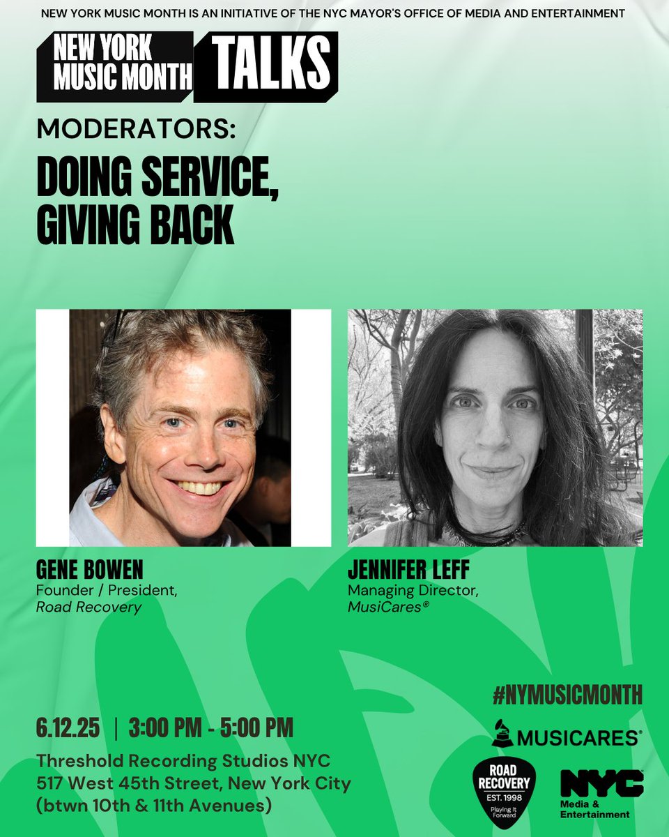 Panel for #NYMusicMonth: 'Doing Service, Giving Back'
Register:
eventbrite.com/e/doing-servic… 

June 12 (3pm): #RoadRecovery &amp; #MusiCares present impactful discussion w/ music makers &amp; giving back. Panelists <a href="/thekingdmc/">Darryl "DMC" McDaniels</a> #RunDMC, Steve Martin @paladin_artists, Michael McDonald <a href="/mickmgmt/">Mick Management</a>