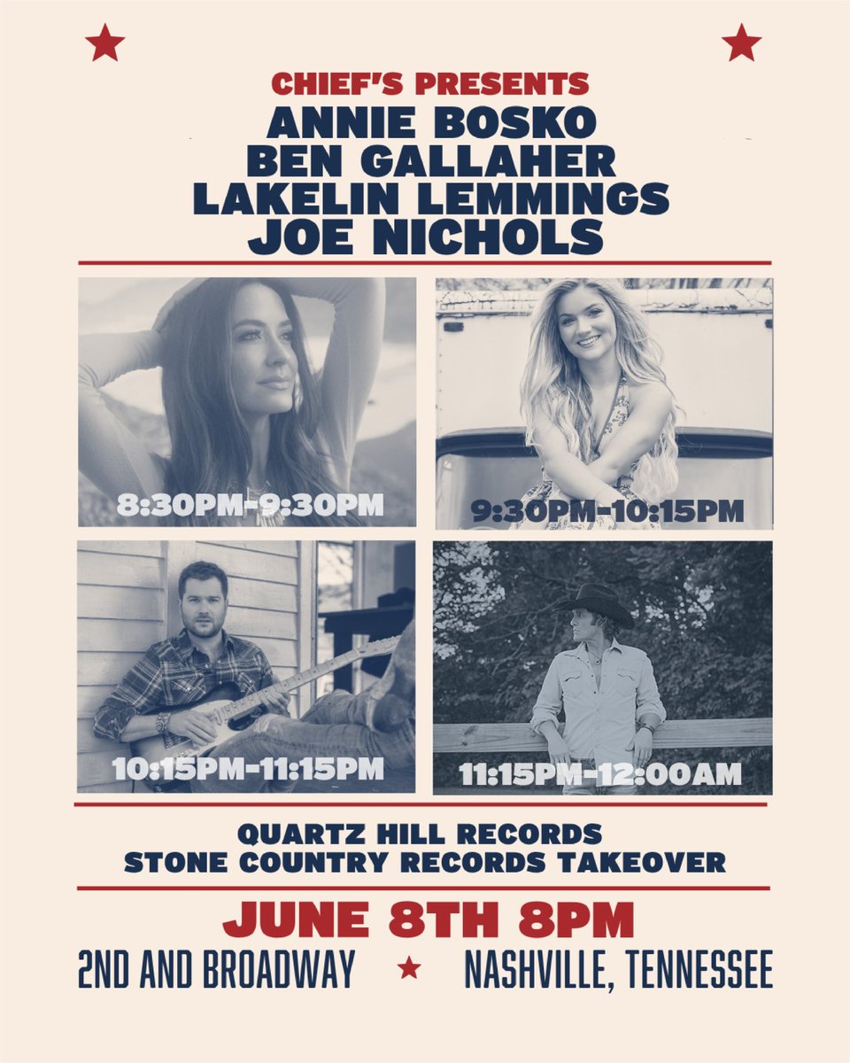 JoeNichols's tweet image. We go together like Chief’s and country songs 🤝 Come on out for the Quartz Hill Records / Stone Country Records takeover at Chief’s on Sunday, I’ll be closing out the show 🫡 #cmafest
Reserve your spot: tixr.com/e/145205