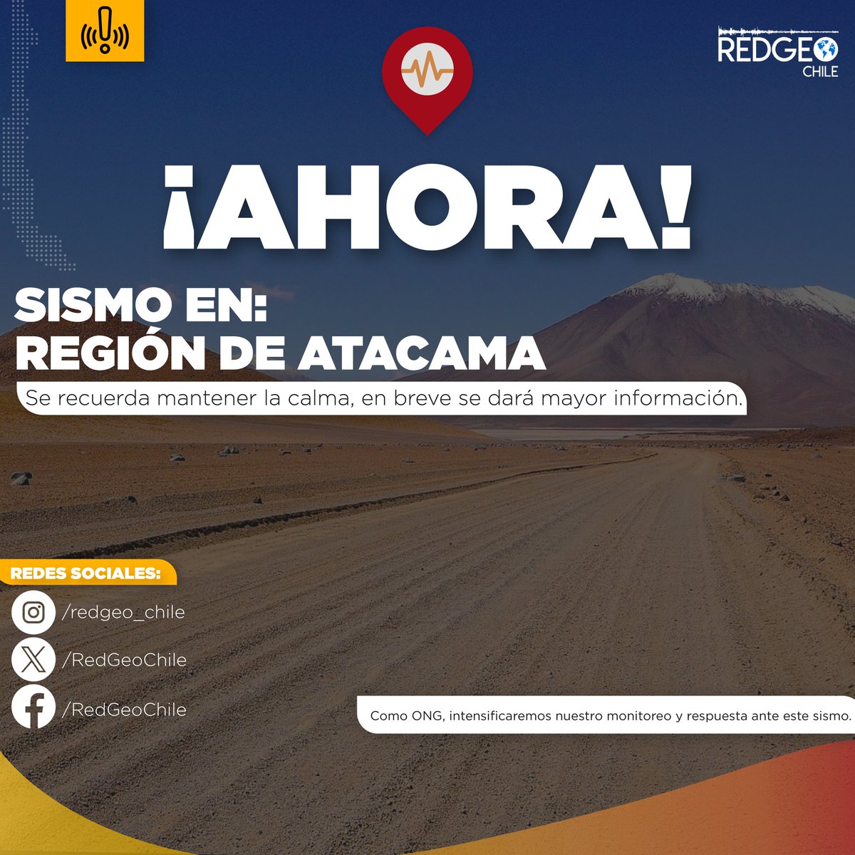 RedGeoChile's tweet photo. AHORA ⚠️ 🔴 FUERTE SISMO EN LA REGIÓN DE ATACAMA.

Mantén la calma busca un lugar seguro y cúbrete. https://t.co/aEk0RRob0D