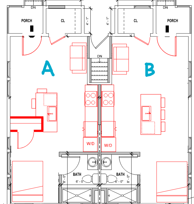 mwmoedinger's tweet photo. Ok folks...this is hot off the presses from a consult I did this morning. We're working to improve the layouts of these studio apartments, and we came up with 2 different ideas. 

Which do you like better, A or B?

Some context:
- we can't change the exterior walls or windows.
- this is student housing in the northeast
- this is an existing building
- this developer knows his market! so some of the decisions you see here are based on that deep knowledge
- the unmarked floorplan is what we started the consulting session with