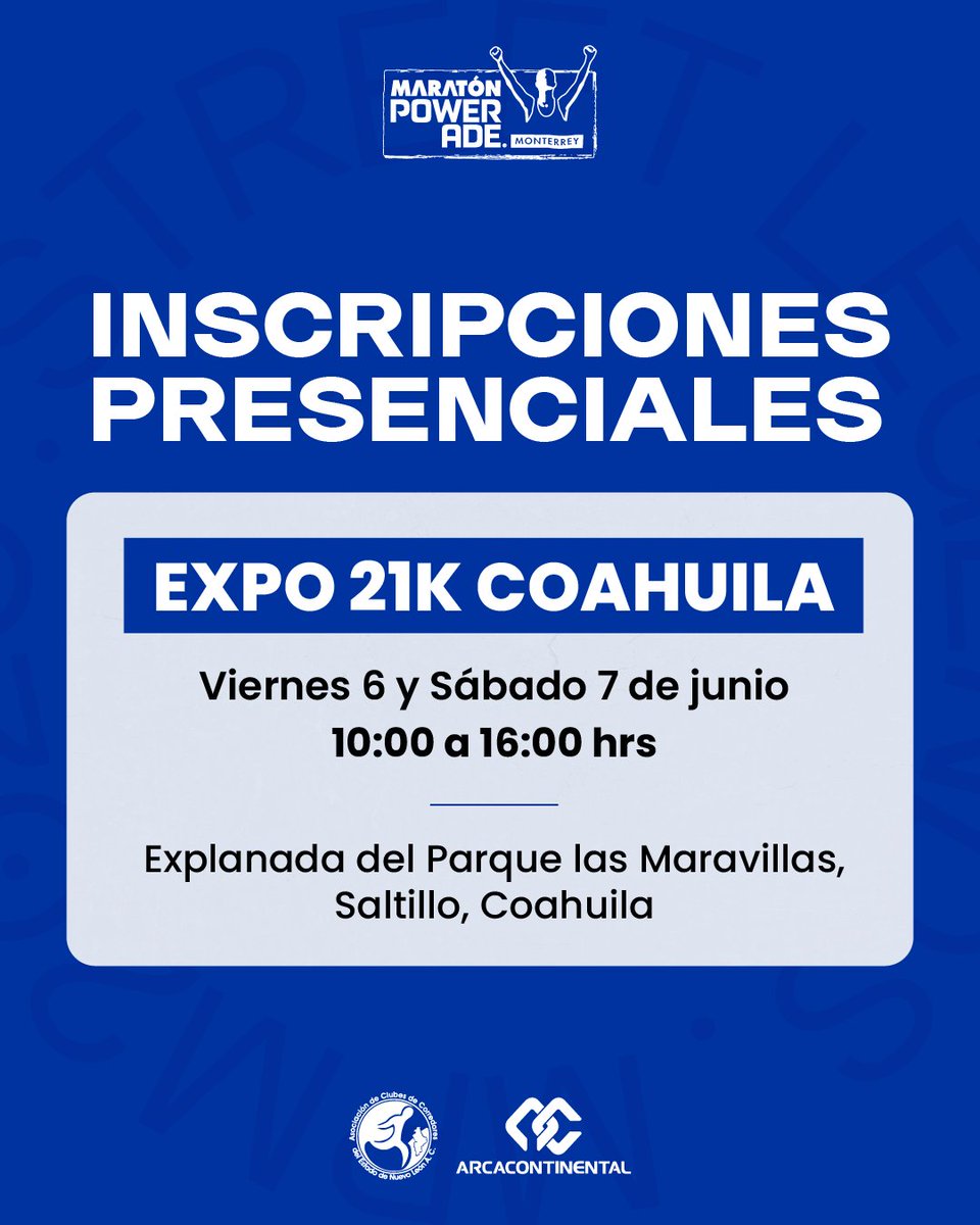 📢 ¡Buenas noticias corredores! 📢 Estaremos presentes en la entrega de kits del 21k Coahuila donde podrás adquirir tu inscripción para el #MPM25 🏃🏻‍♂️‍➡️ 𝗮 𝘁𝗮𝗻 𝘀𝗼𝗹𝗼 $𝟭,𝟯𝟬𝟬.

📆 06 y 07 Junio
📍Explanada del Parque las Maravillas, Saltillo
💳 Pago en efectivo y tarjetas