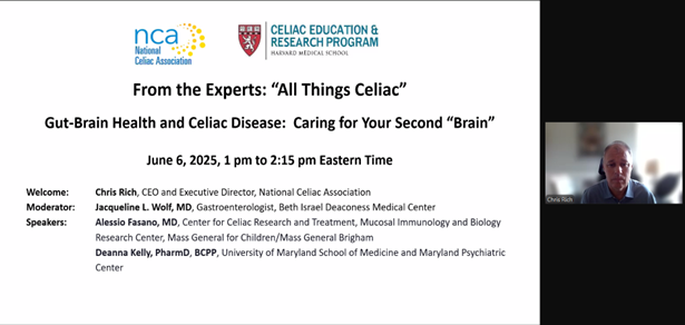 CeliacResearch's tweet photo. Today's webinar, "Gut-Brain Health and Celiac Disease: Caring for Your Second 'Brain" has expert speakers Alessio Fasano, MD, @mghfc, +@ProfDeannaK, PharmD, BCPP, @UMBaltimore Medical School. Co-hosted by @NationalCeliac + @harvardmed. Moderator: Jacqueline Wolf, MD, @BIDMChealth https://t.co/7qBfMHZx3u