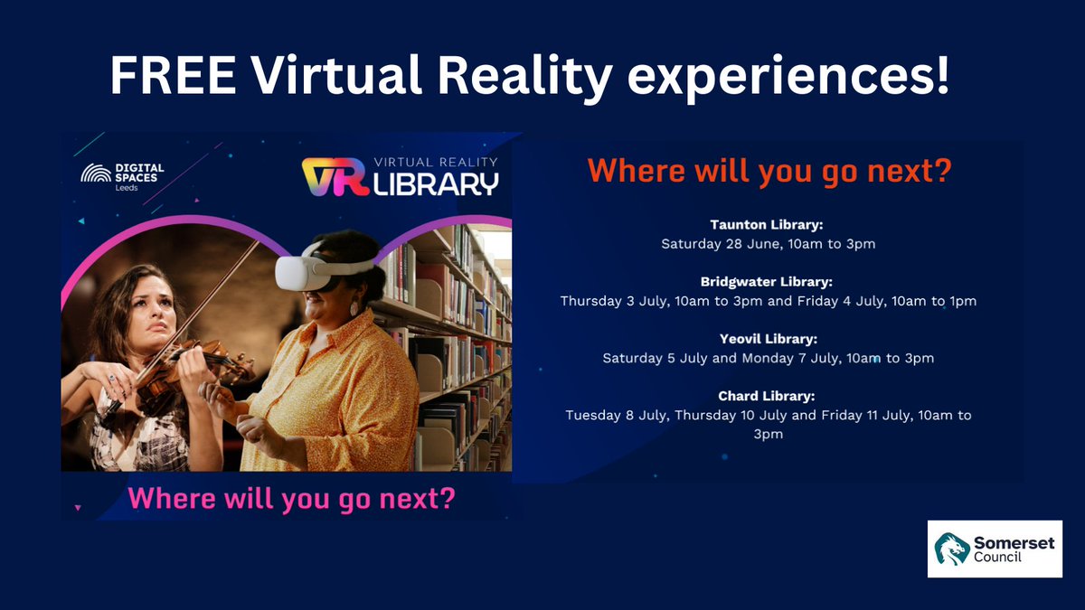 Coming Soon!🤩FREE Virtual Reality experiences!🥳
Come along to Taunton, Bridgwater, Yeovil and Chard Libraries from 28 June - 11 July to enjoy free breath taking VR experiences. Dates below.
For more information visit: glassboxtaunton.co.uk/vr-experiences/