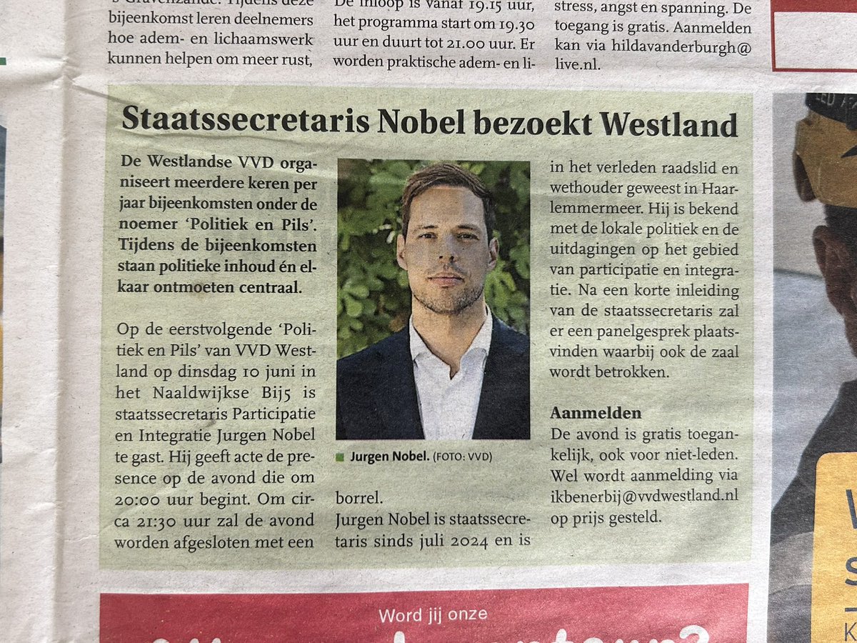 Roel Batelaan (@roelbatelaan) on Twitter photo Heb je ooit een bijeenkomst bezocht met een demissionaire staatssecretaris die nog geen jaar kabinetslid was? Nee hè? Dit is je kans!
Kom dinsdag 10 juni om 20:00 uur naar Bij5 in Naaldwijk en kom in gesprek met <a href="/JurgenNobel/">Jurgen Nobel</a> , staatssecretaris participatie en integratie. 👍🏻 Heb je ooit een bijeenkomst bezocht met een demissionaire staatssecretaris die nog geen jaar kabinetslid was? Nee hè? Dit is je kans!
Kom dinsdag 10 juni om 20:00 uur naar Bij5 in Naaldwijk en kom in gesprek met <a href="/JurgenNobel/">Jurgen Nobel</a> , staatssecretaris participatie en integratie. 👍🏻