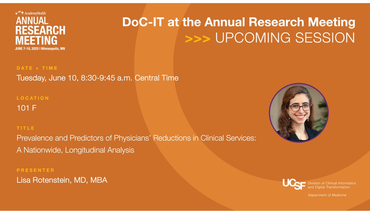 UCSF DoC-IT (@ucsf_docit) on Twitter photo Sustained physician reductions in clinical service volume are prevalent across specialties and are increasing over time. Don't miss <a href="/LisaRotenstein/">Lisa Rotenstein MD</a>'s critical findings on physician workforce trends across specialties.
🔗Details: docit.ucsf.edu/events/academy…
<a href="/AcademyHealth/">AcademyHealth</a> #ARM25 Sustained physician reductions in clinical service volume are prevalent across specialties and are increasing over time. Don't miss <a href="/LisaRotenstein/">Lisa Rotenstein MD</a>'s critical findings on physician workforce trends across specialties.
🔗Details: docit.ucsf.edu/events/academy…
<a href="/AcademyHealth/">AcademyHealth</a> #ARM25