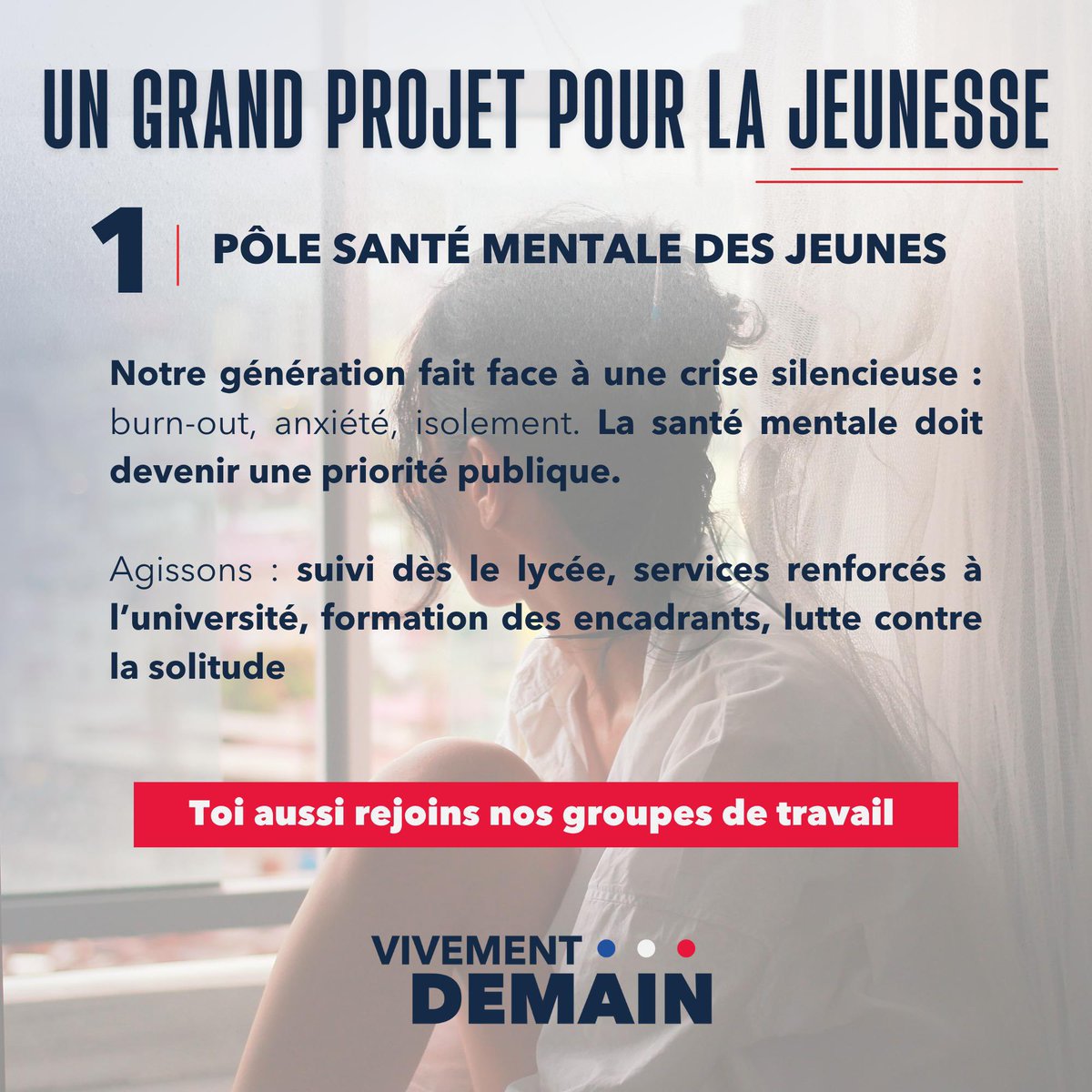 Vivementdemain1's tweet photo. Anxiété, solitude, mal-être… Les signaux d’alarme sont partout. Il n’est plus temps de constater. 

Nous lançons un groupe de travail pour écouter, comprendre, proposer. Un manifeste sera remis à nos députés. Pour que ces voix, souvent tues, résonnent enfin dans l’hémicycle. 🏛️ https://t.co/8N0GbwPIwR