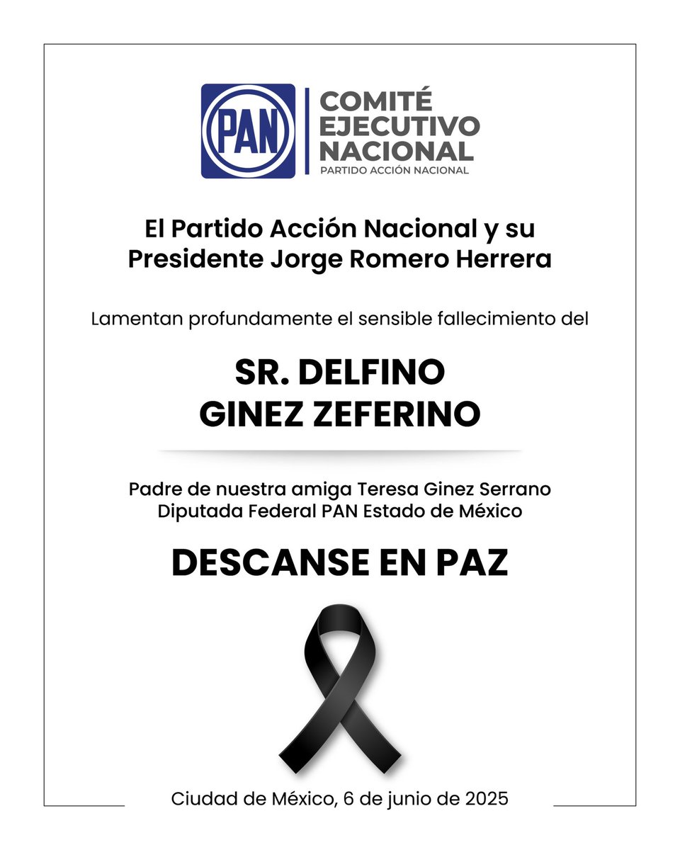 Acción Nacional (@accionnacional) on Twitter photo Lamentamos profundamente el sensible fallecimiento del Sr. Delfino Ginez Zeferino, padre de nuestra compañera <a href="/TereGinez/">Teresa Ginez</a>, Diputada Federal por el Estado de México.
Enviamos nuestras condolencias y solidaridad a su familia y seres queridos. Descanse en paz. 🕊️ Lamentamos profundamente el sensible fallecimiento del Sr. Delfino Ginez Zeferino, padre de nuestra compañera <a href="/TereGinez/">Teresa Ginez</a>, Diputada Federal por el Estado de México.
Enviamos nuestras condolencias y solidaridad a su familia y seres queridos. Descanse en paz. 🕊️