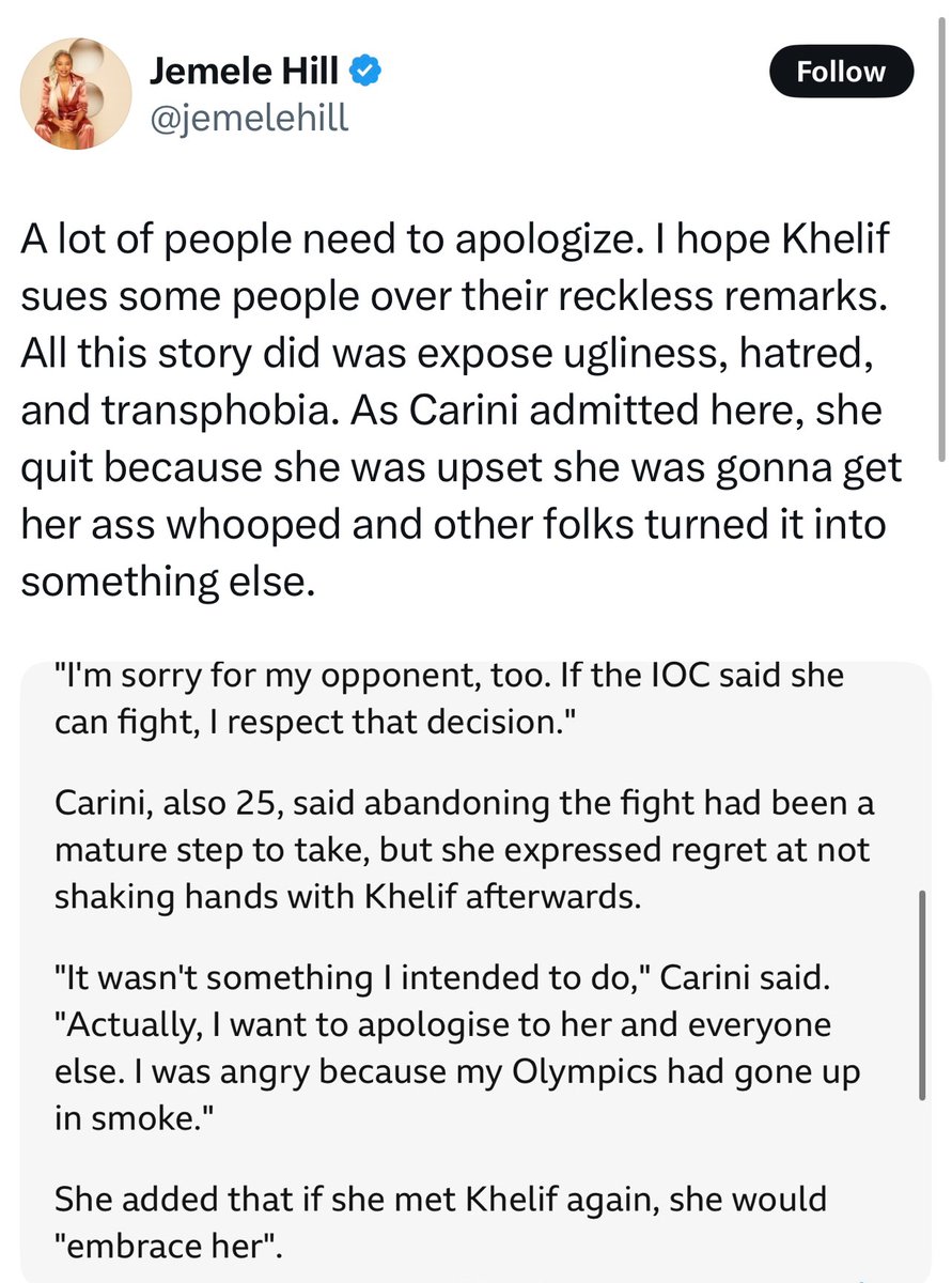 We were told we were being too "mean" to Imane Khelif for saying it wasn't right for a man to beat women up in the boxing ring. 

We were "reckless" and ugly and hateful and transphobic and even Islamophobic! Khelif was going to sue for all of these supposed lies directed his
