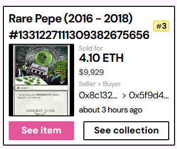 We love the Pepes! Thrilled to see RARECOINMEME in the #3 spot, an <a href="/EmblemVault/">Emblem Vault</a> wrapped Rare Pepe Series 2 Card 42 by Boost