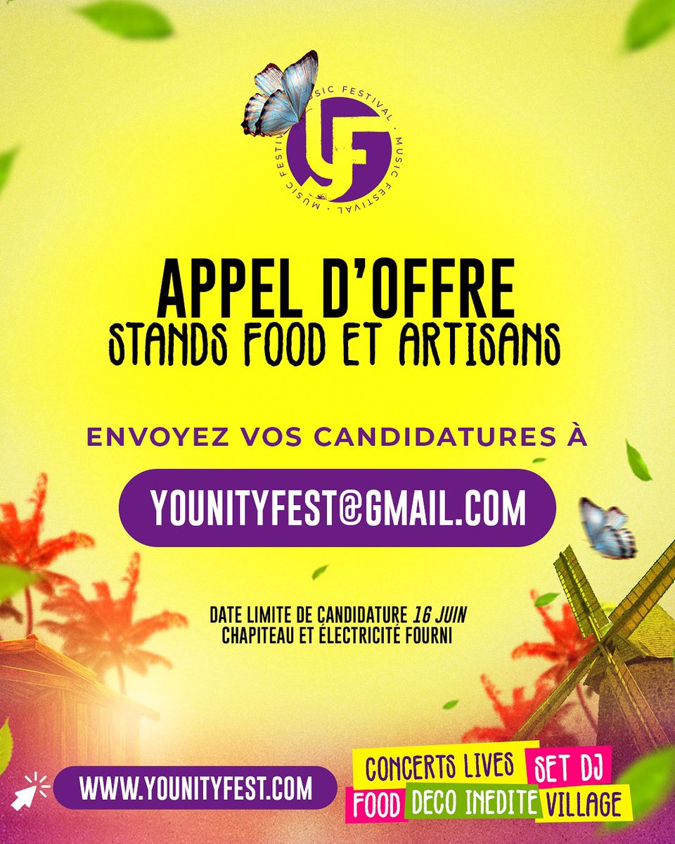 Tu veux faire vibrer le public du Younity Fest avec tes saveurs ou ton art ✨? 

Le village du festival ouvre ses portes aux stands food et artisans 💜.
Cela t’intéresse ? Envoie ta candidature à : younityfest@gmail.com

⚠️ La deadline est fixé au 16 juin.