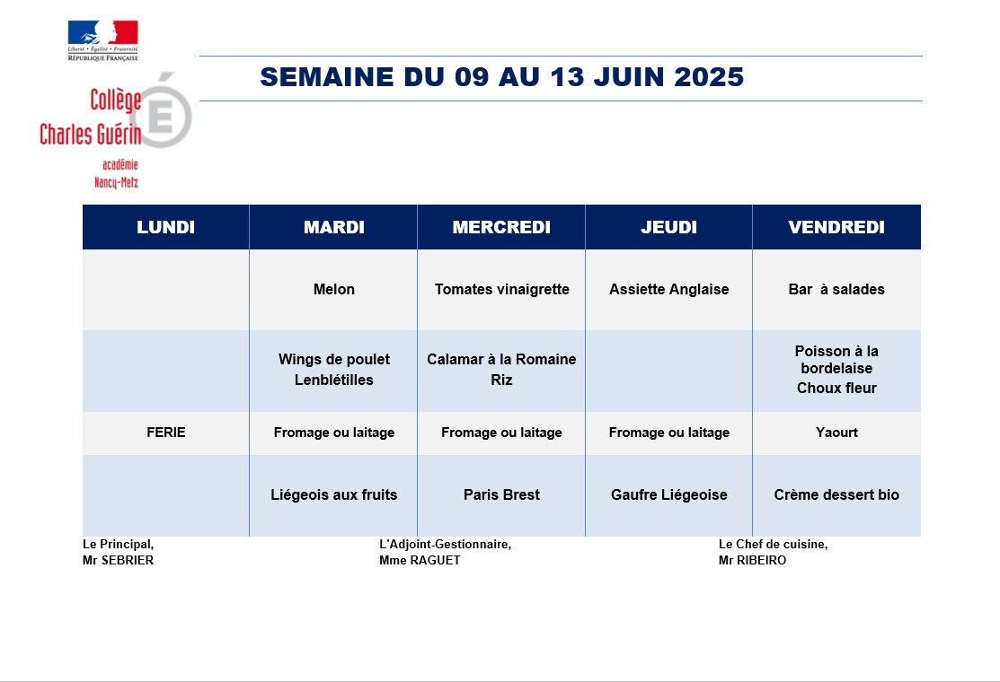 [Menu de la semaine 🍴]

Voici les plats prévus au collège Charles Guérin après ce long week-end ! ☀️
