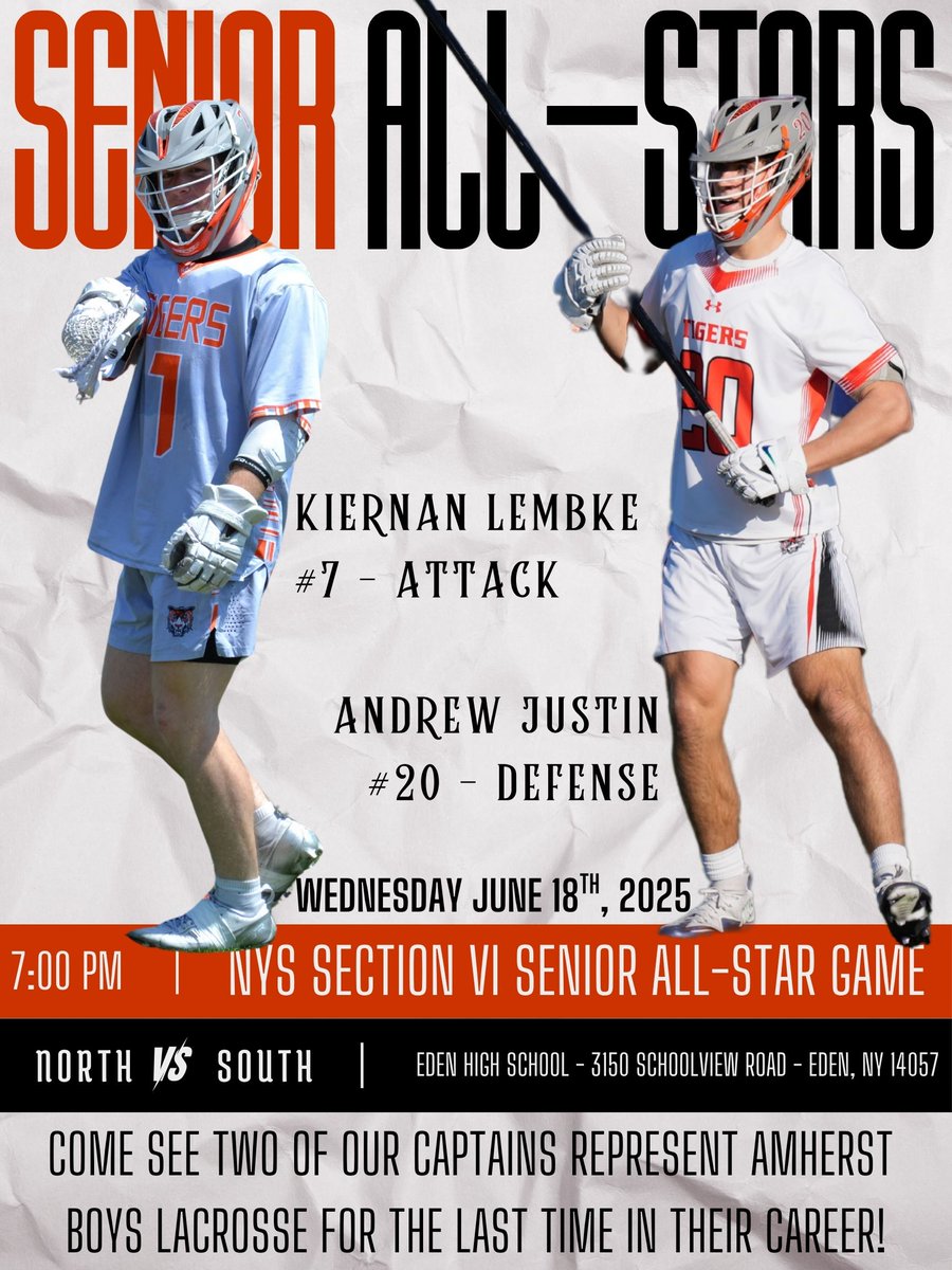Mr. Kensy (@mrgkensyachs) on Twitter photo Section VI Senior All-Star Game selections - Kiernan Lembke and Andrew Justin! Way to go guys!
<a href="/amherstmenslax/">Amherst Lacrosse</a>
<a href="/AmherstTigers1/">Amherst Athletics</a>
Come out and show your support! Section VI Senior All-Star Game selections - Kiernan Lembke and Andrew Justin! Way to go guys!
<a href="/amherstmenslax/">Amherst Lacrosse</a>
<a href="/AmherstTigers1/">Amherst Athletics</a>
Come out and show your support!