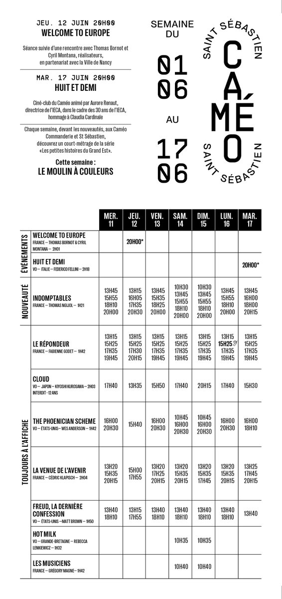 Horaires des séances pour la semaine du 11 au 17 juin

❤🌷

#nancy