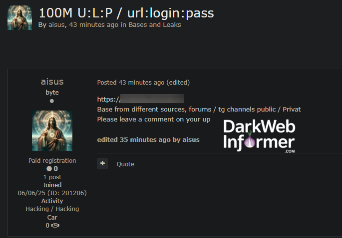 🚨Alleged Leak of 100M URL:LOGIN:PASSWORD Logs
