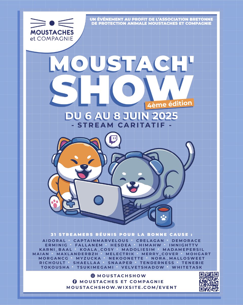🎊 IL EST 20H00 ET LE #MOUSTACHSHOW DEMARRE OFFICIELLEMENT !

👕 Cette année encore des tee-shirts sont en vente durant toute la durée de l'événement, mais surprise il y a également des tote bags ! Vos achats permettent d'augmenter la cagnotte globale !

🔗moustachshow.wixsite.com/event/boutique