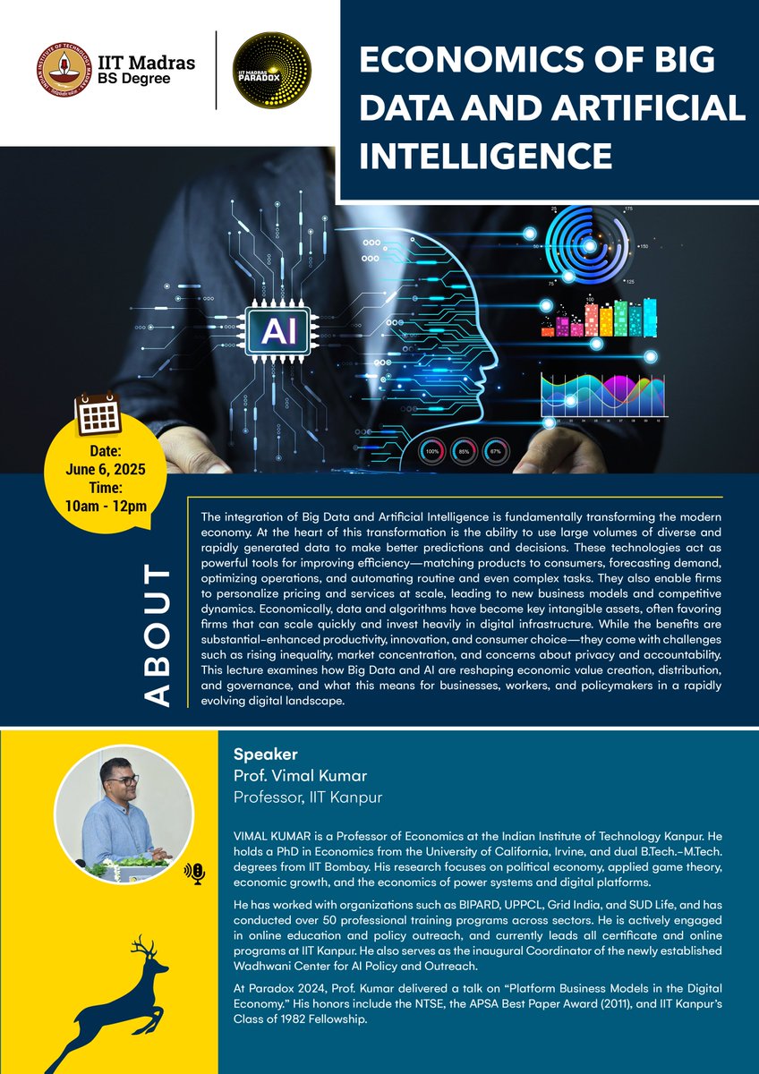 vimalk_singh's tweet image. Delivered a talk on Economics of Big Data &amp;amp; AI @ Paradox, IIT Madras. Great to see a packed room, curious minds, and first-time explorers of economics!

Kudos to @iitmadras BS Data Science team—Prof. Andrew Thangaraj &amp;amp; Ms. Bharathi—for this stellar initiative! 🙌