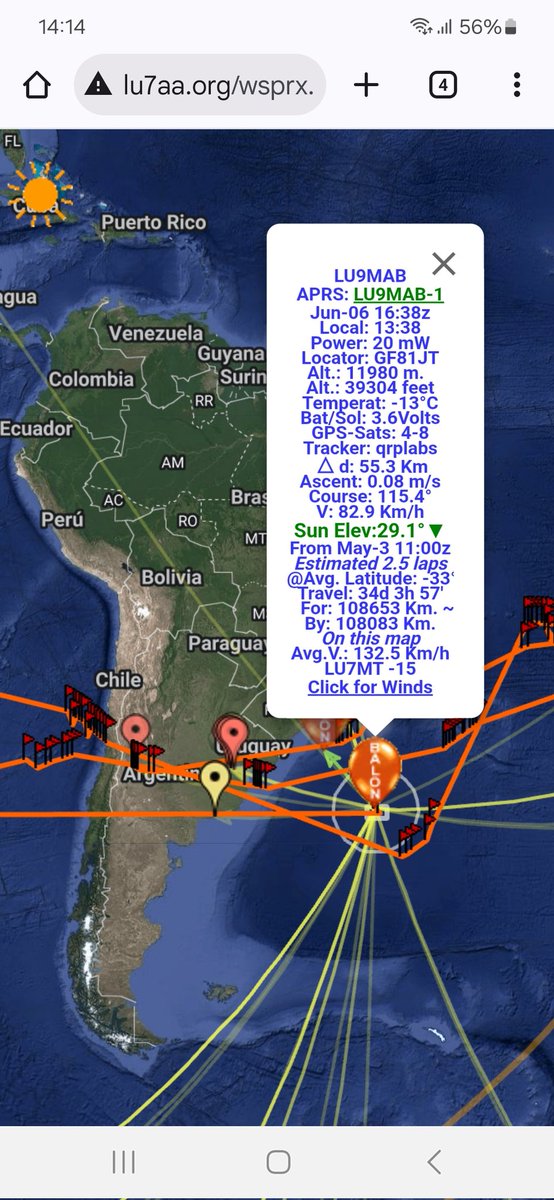 Muy veloz, a mas de 170 km/h, cruzó hoy el sur del territorio argentino el pico lu9mab-1, desde el Pacífico al Atlántico, cerrando el tercer giro a la tierra en 34 días. Ocho estaciones argentinas y de Brasil, reportaron 69 veces al globo del RC San Rafael antes que se durmiera.